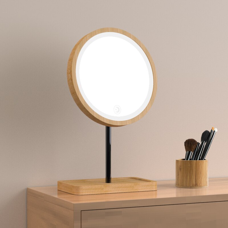 Led Houten Desktop Make-Up Spiegel 3X Vergrootglas Usb Opladen Verstelbare Bright Diffuus Licht Touch Screen Beauty Spiegels