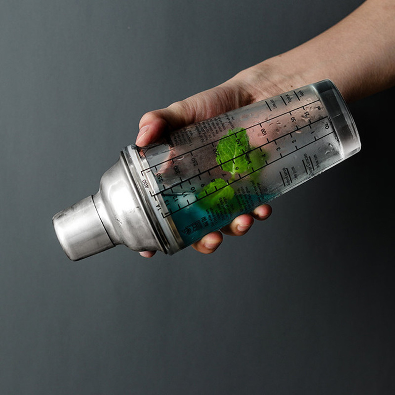 Mélangeur de bouteilles en verre inoxydable, 400ML, pour Cocktail, Bar, vin, échelle transparente, outils de Bar, cuillère