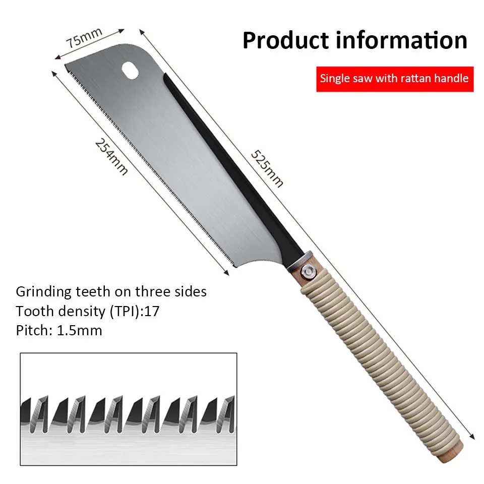 Sierra de mano de estilo japonés SK5, sierra de tracción de doble/un solo filo, mango antideslizante de madera de ratán PE, sierra de corte al ras, herramienta de corte para carpintería