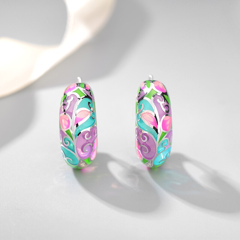 Bricolage comme rêve conte de fées fleur motif en argent Sterling coloré émail fine boucles d'oreilles bijoux de fête