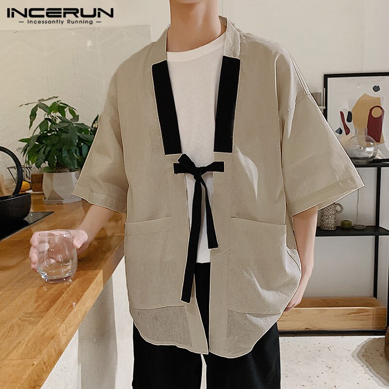 INCERUN Style chinois hommes chemise Kimono coton solide Harajuku poches demi manches hauts Streetwear Vintage hommes chemises décontractées