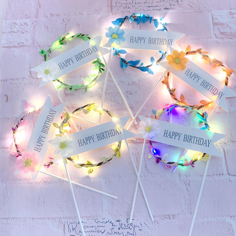 Golden Silvery Happy Birthday Cake Topper With LED Light Garland Letters Resuable Topper Cupcake Dessert Decor Party Supplies