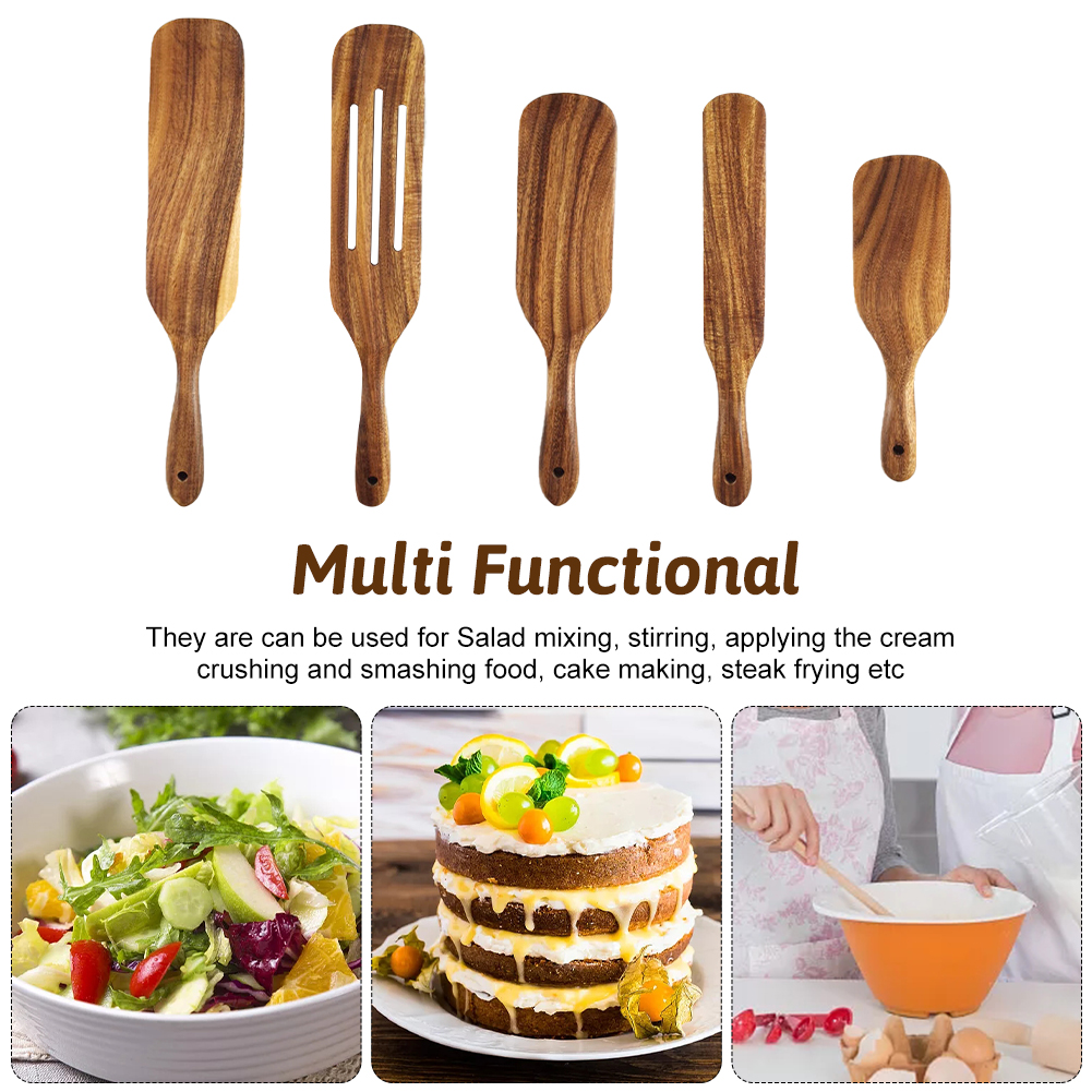 5pcs Spatula Wooden Spurtle Set Stirring Heat Resistant Non Stick Cooking Utensil Kitchen Tool Slotted Turner Serving Home