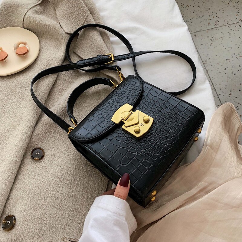 Mini Steen Patroon Pu Lederen Crossbody Tassen Voor Vrouwen Lock Schouder Eenvoudige Tas Vrouwelijke Reizen Handtassen: Black