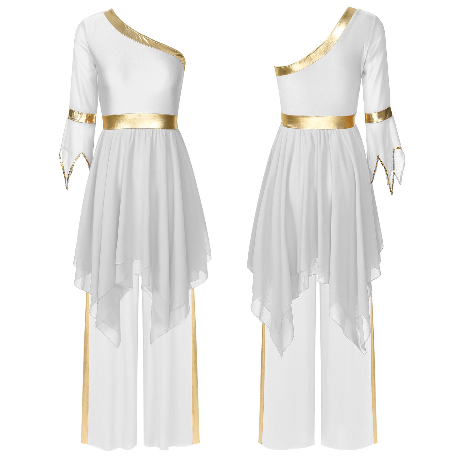 Tenue de culte de chorale d'église liturgique pour femmes, Costume de danse lyrique, asymétrique épaule dénudée, manches évasées, robe avec pantalon à jambes larges: XL / Bleu