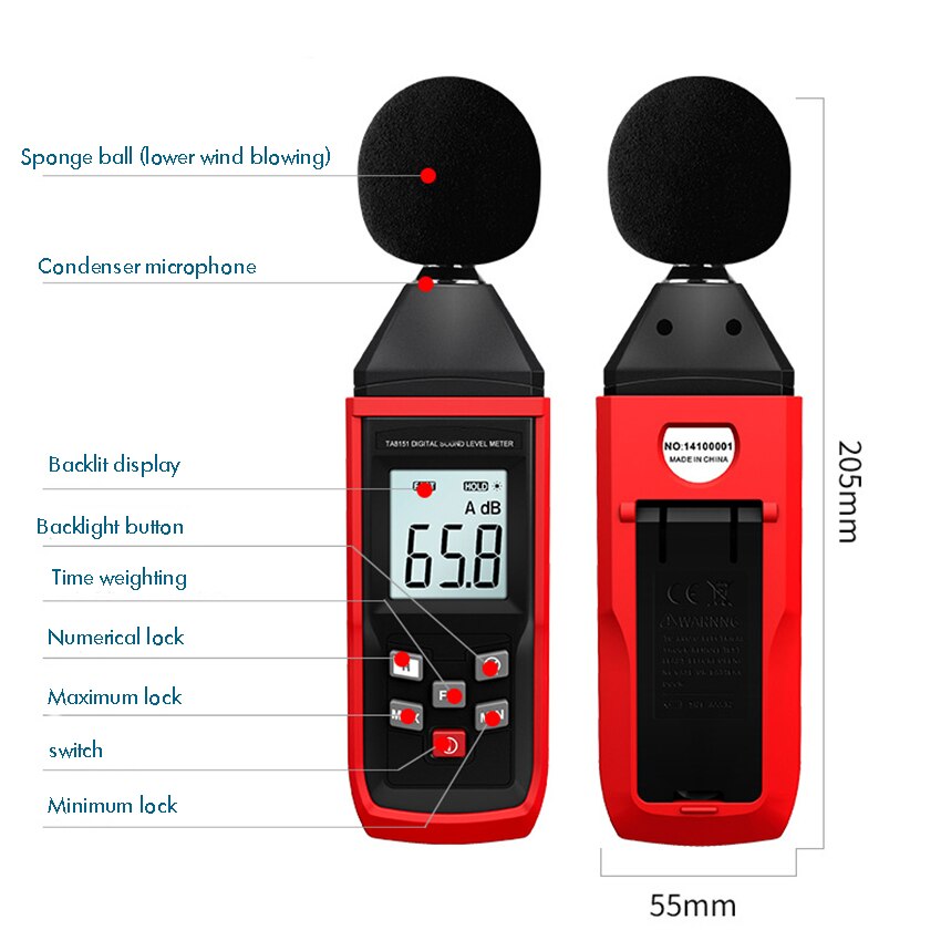 Decibel meter digital lydniveaumåler, interval 30-130db( a) støjvolumen måleinstrument decibel overvågningstester