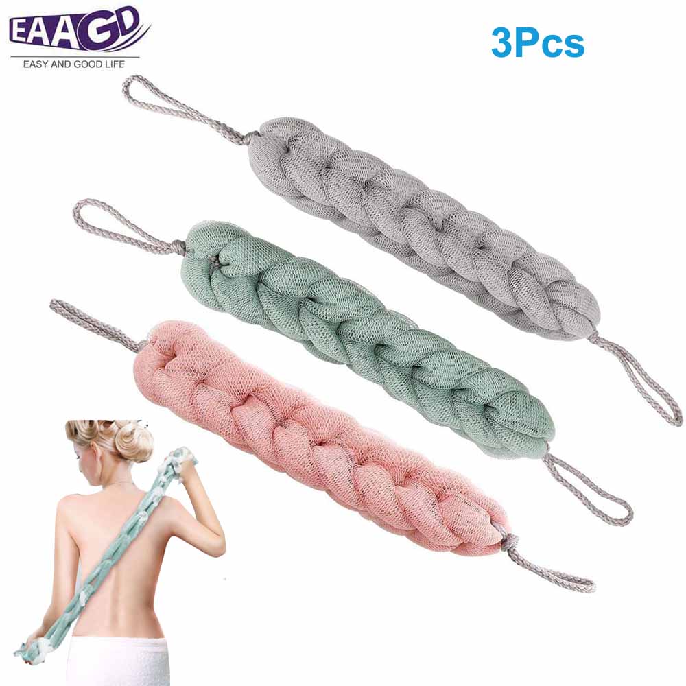 Loofahs – éponge de bain longue, 3 couleurs, 3 paquets, maille tressée extensible, boule exfoliante pour le dos