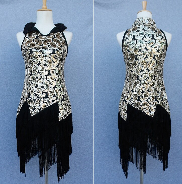 ballroom latin dance dress women black competition gold sequin Fringe Dancing Dresses Costume Tango Samba Skirts cha cha salsa: BK2