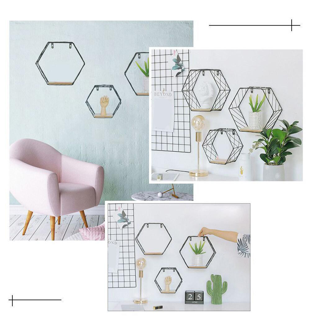 Rejilla Hexagonal de hierro estante de pared combinación colgante de pared figura geométrica decoración de la pared para sala de estar dormitorio # T