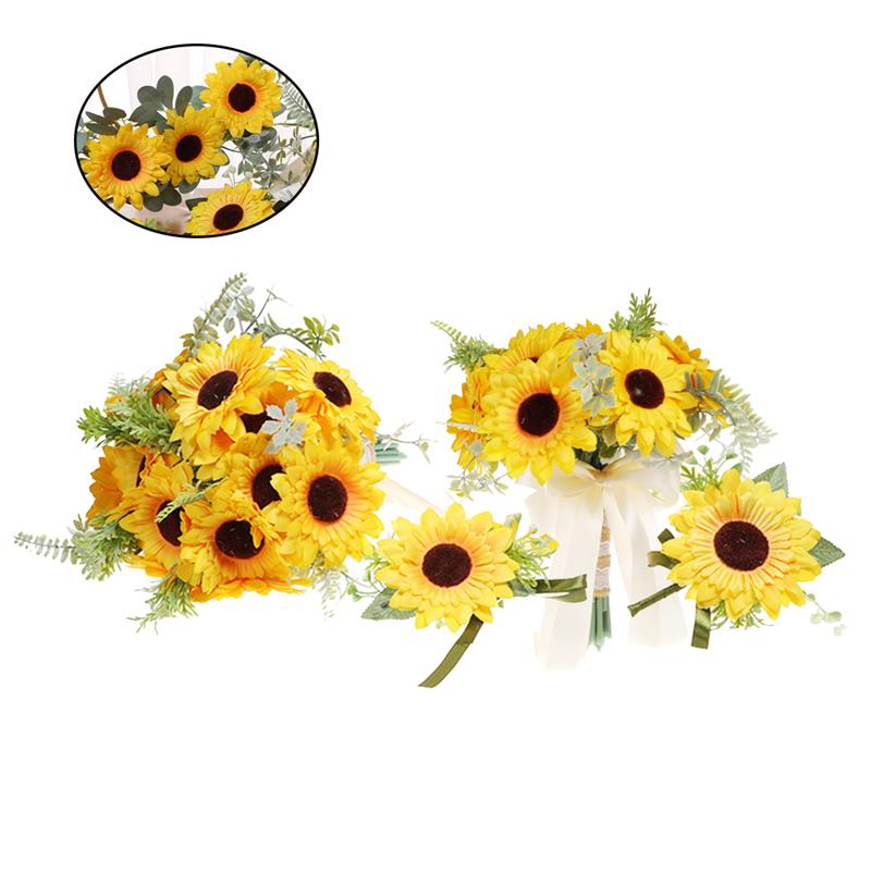 4 stuks Bruiloft Decor Mooie Zonnebloem Kunstmatige Bridal Pols Boeket Holding Bloem Party Decor Broche voor Bruiloft
