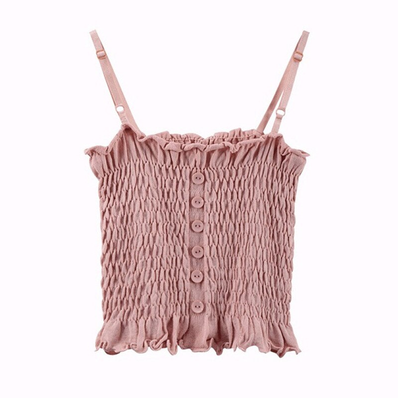 Kvinder strikket camis knap basic toppe firkantet krave camisole strik crop tops sommer: Lyserød