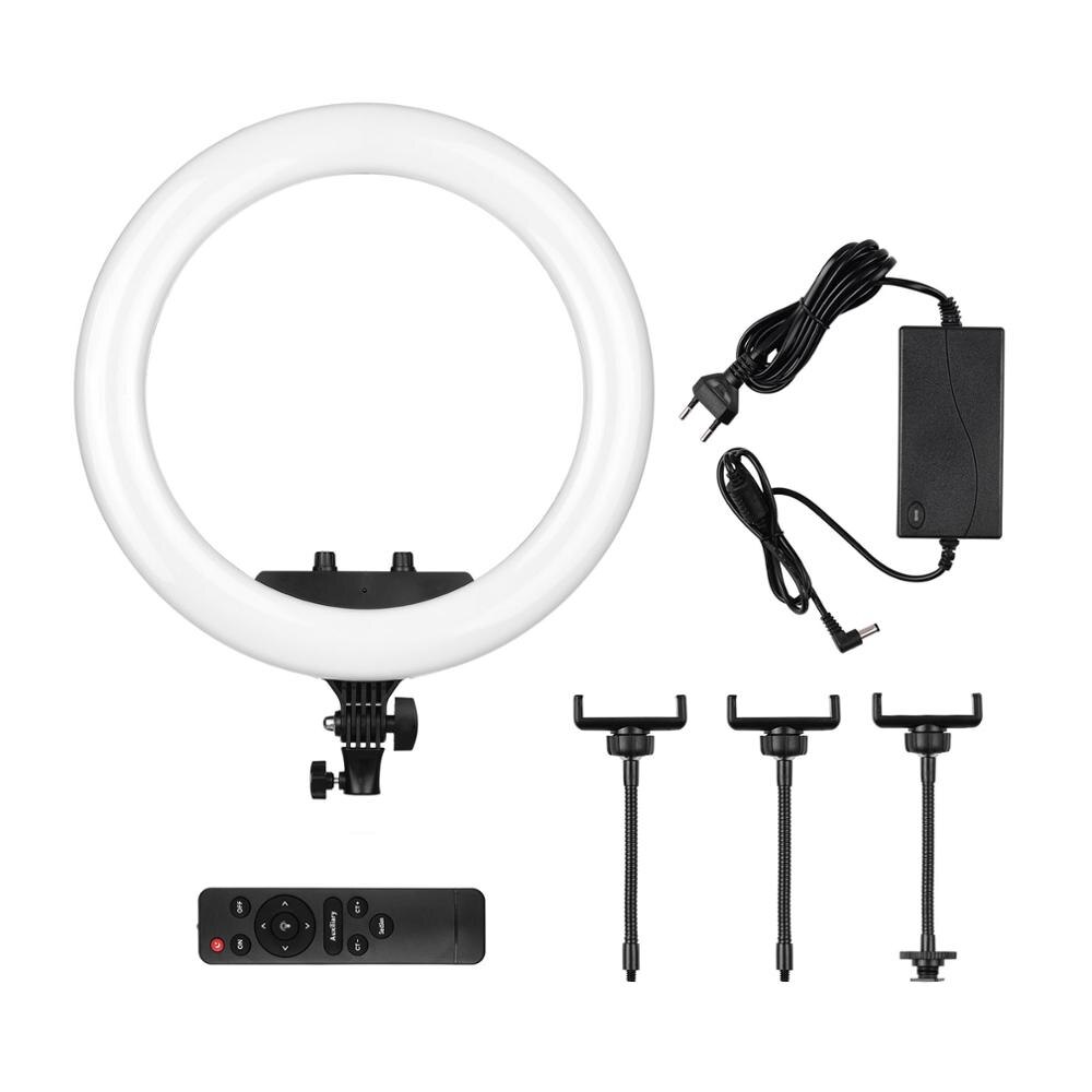 18 Inch LED Ring Light Photography photo Lamp Set Bi-color 3200K-5600K Stepless Dimmable with 3 Phone Holders Remote Control: EU Plug