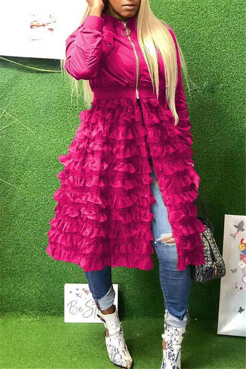 Women Jacket Solid Color Long Sleeve Womens Jackets Lace Ruffles Mesh Stitching Suit Overcoat Long Jackets: Red / XL