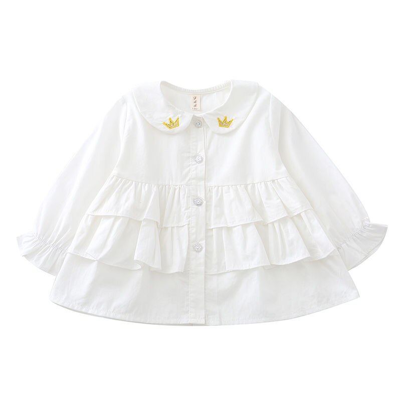 Shirt Spring Baby Girls Pure Color Cotton Blouse Lnfant Crown Pattern Embroidery Round Collar Cute Comfortable Full Sleeve