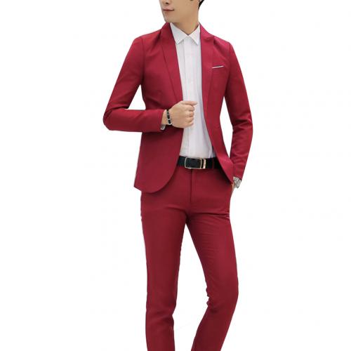 Mens Suits Met Broek Solid Heren Blazer Slanke En Past Bruiloft Mannelijke Bruidegom Tuxedos Suit Prom (Jas + Broek) kostuum Homme: Wine Red / M