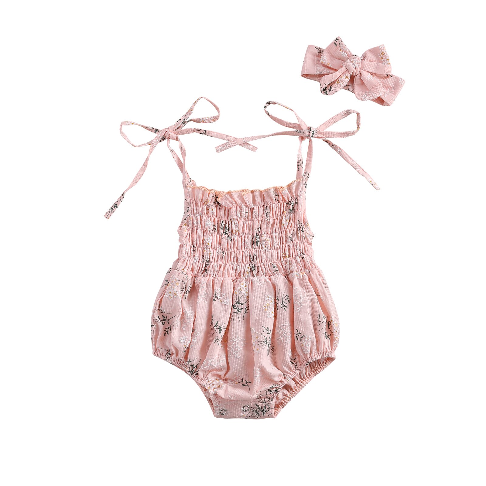 0-18M Leuke Baby Baby Girl Bloemen Romper Zomer Bandjes Bandage Bloemenprint Geplooide Playsuit + Hoofdband 2 Stuks Outfits: Roze / 3-6 Months