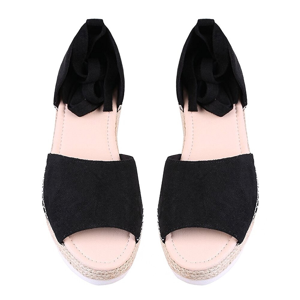 Sandalias planas a la con plataforma y correa en el tobillo sandalias de gladiador de Punta abierta con cordones casuales chanclas Roma verano Zapatos femeninos: Black / 10.5