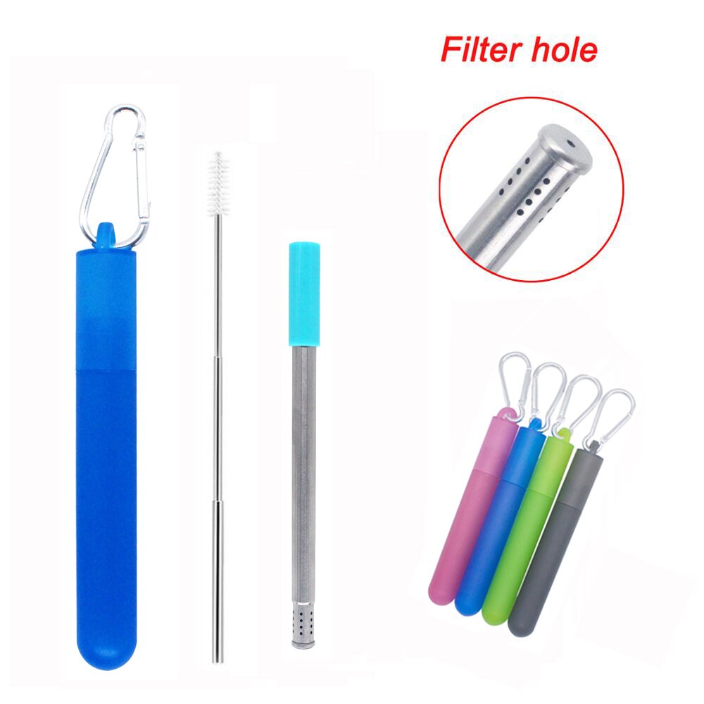 Paille à deux sections réutilisable, avec trou de filtre et brosse à paille rétractable pour le thé, etc.