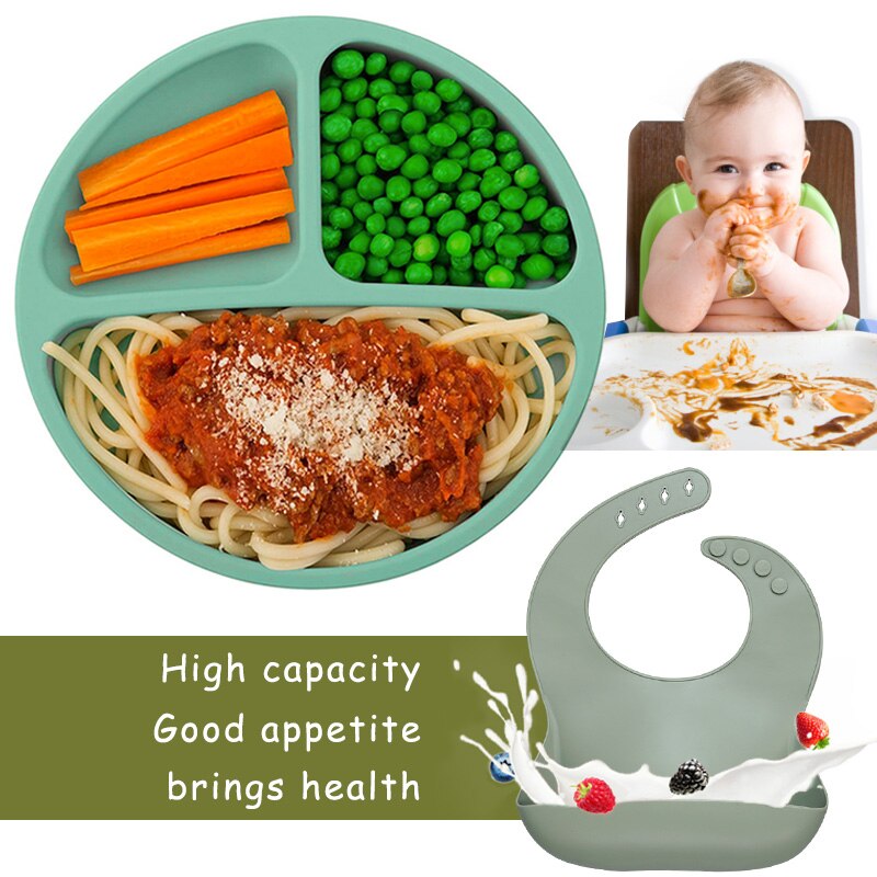 BPA FREI Lebensmittel Klasse Baby Silikon Geschirr Lätzchen Gabel Löffel Gerichte Platte Schüssel Wasserdicht Tragbaren Abendessen einstellen für Art freundlicher