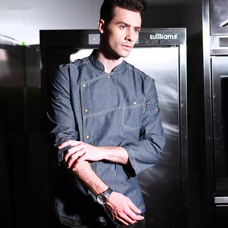 Chaquetas de tela vaquera para Chef, uniformes de restaurante, camisas de manga larga, uniforme de restaurante, ropa de chef, abrigo de chef para hotel, novedad: L