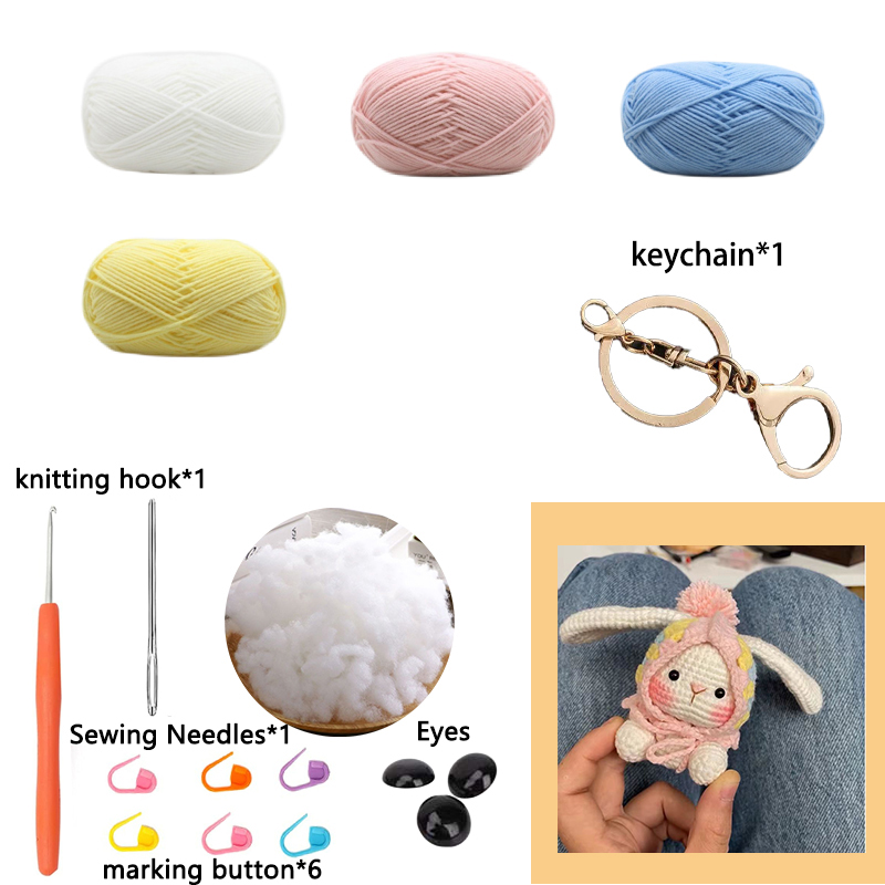 Pretty Rabbit Keychain Crochet Materials Set Kit Amigurumi Knitting Doll Hook Art and Crafts Birthday Backbag Decor Pendant: plum