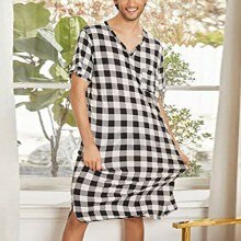 Men Robes Loose Plaid Pajamas Short Sleeve V-neck Casual Soft Bathrobe Nightwear Summer Clothes Breathable Male: Black / XXL