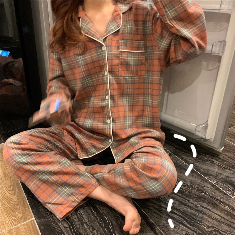 Classical Plaid Cotton Unisex Pajamas Women Men Autumn Winter Korean Couple Style Comfortable Long-sleeved Lapel Pijama Mujer: Unisex Rust Red / L