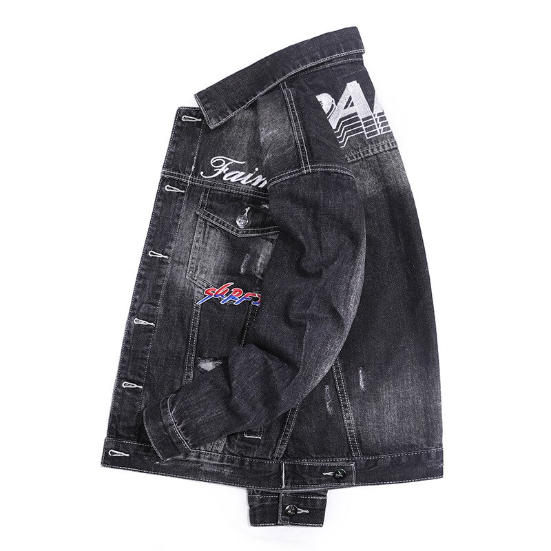"man jakke vintage retro stil hip hop denim jakke hul streetwear jakker knap man jakke lomme man tøj"
