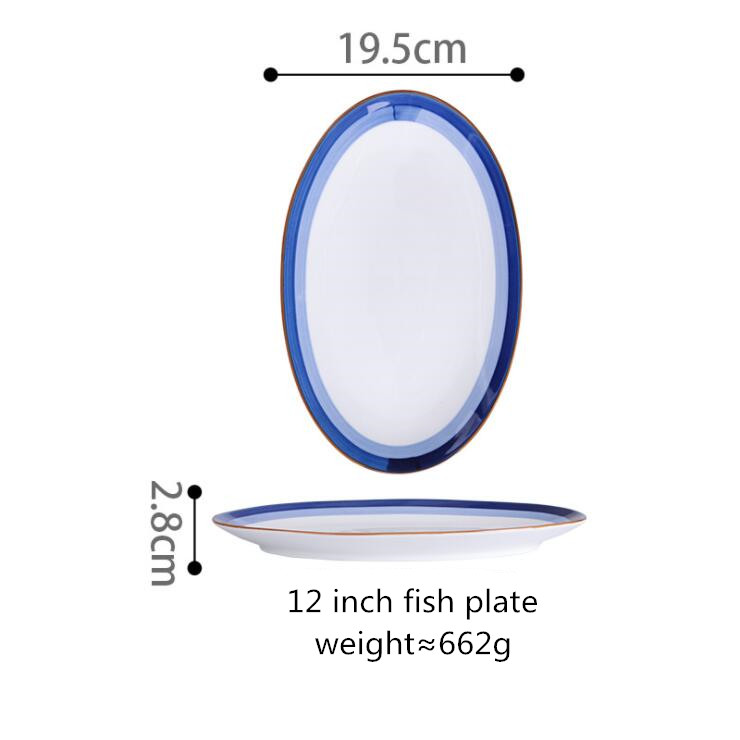 Assiette de cuisine en céramique | Assiette à dîner, dégradé bleu service de table, plats alimentaires, riz salade nouilles bol soupe outil de cuisine 1 pièce: 19.5 cm fish plate