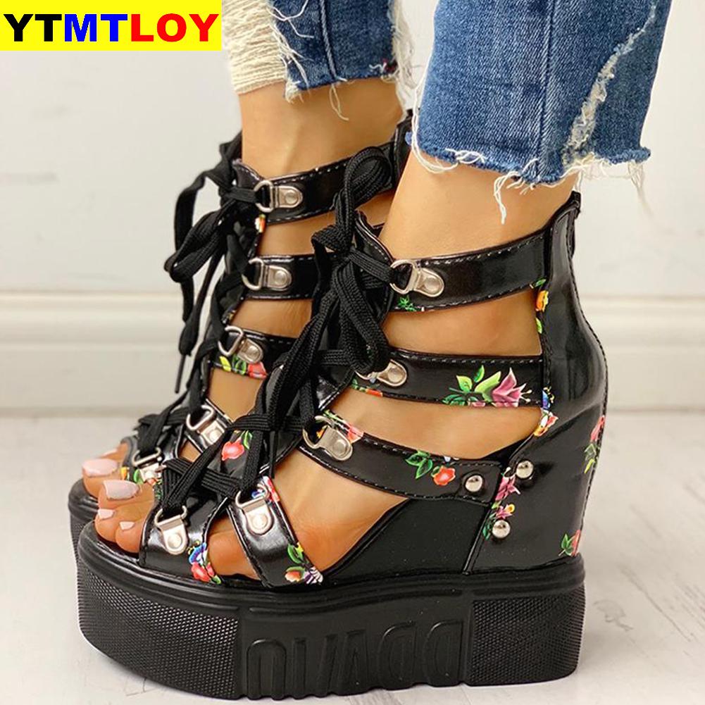 Zomerschoenen dames sandalen plateau veters hoge hakken casual schoenen dames ins print vrijetijdsschoenen wedges damesschoenen
