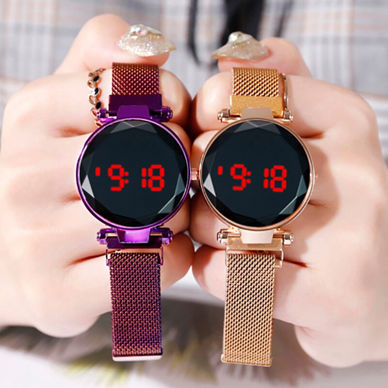 Reloj con imán y pantalla táctil LED para mujer, cronógrafo con correa Milanesa, redondo e informal, para estudiantes