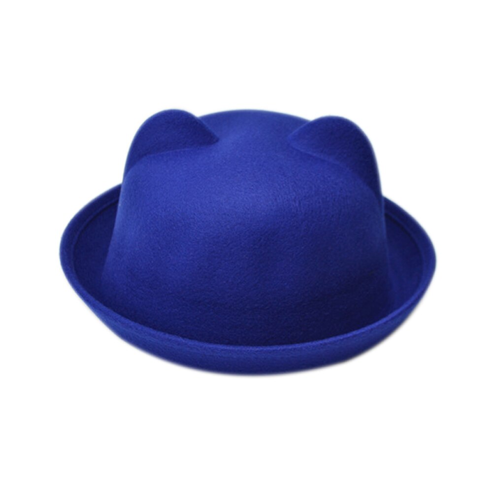 Women Cat Ears Cap Jazz Bowler Felt Fedora Hat Spring Autumn Cylinder Caps Bonnet: Blue