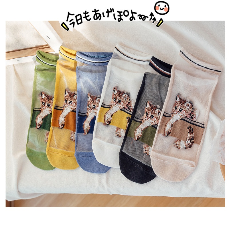 Damessokken lente cartoon katten koreaanse stijl trendy dunne zomer casual enkelsokken bedrukte vrouwelijke grappige sokken