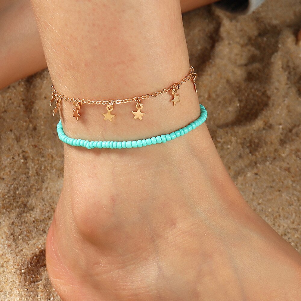 Boho Candy Beads Charm Multilayer Anklets Star Butterfly Key Pendant Handmade Foot Chain Bracelet Barefoot Beach Jewelry Bijoux: FZ0159