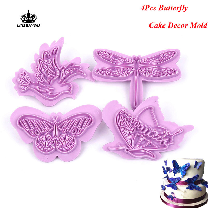 4 Stks/set Food-Grade Plastic Kawaii Vlinder Vorm Mold Cake Fondant Decorating Cookie Plunger Cutters DIY Bakken Mallen