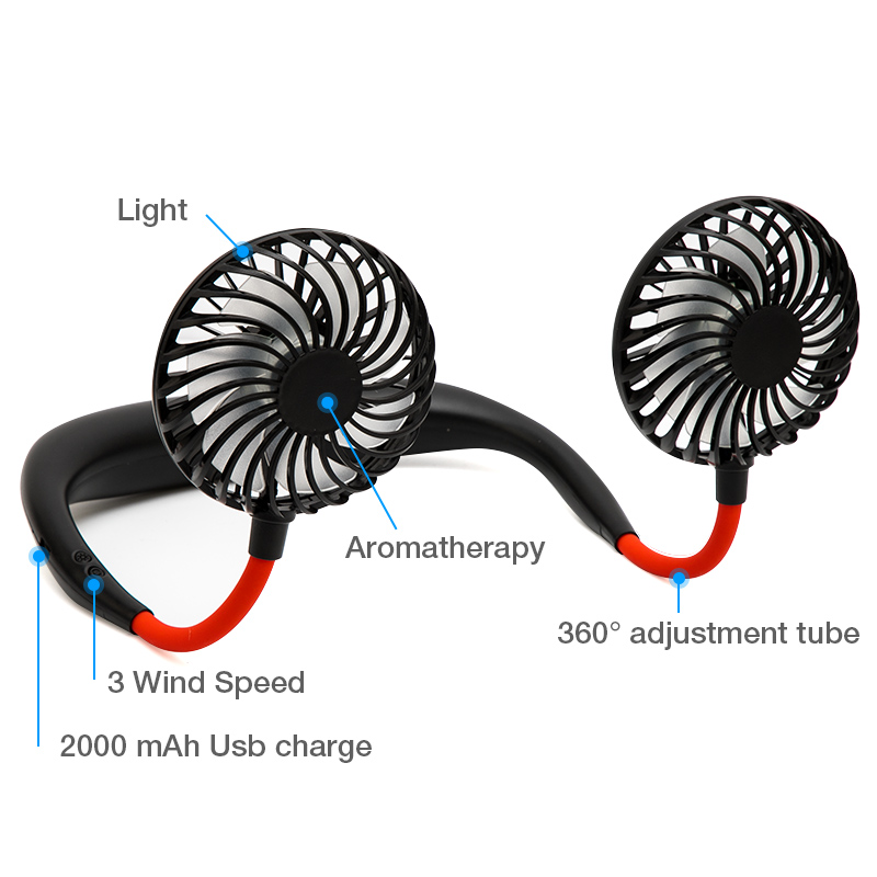 Mini USB Portable Fan Neck Fan Neckband With Rechargeable Battery Small Desk Fans handheld Air Cooler Light and Arama