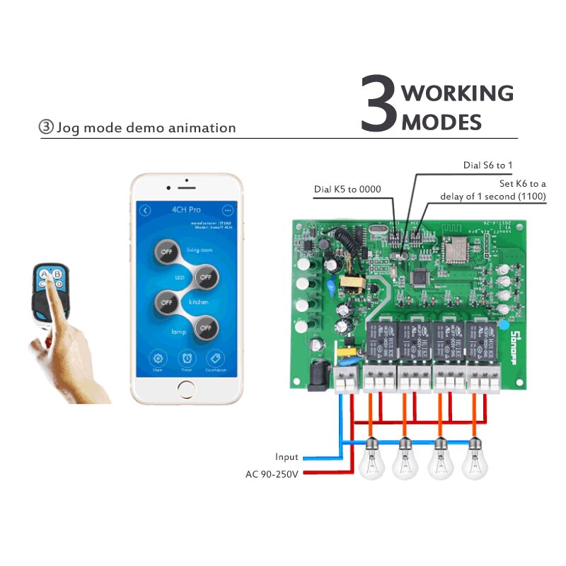 Sonoff 4ch r3 pro  r3 433 mhz 4 bande rf trådløs fjernbetjening wifi smart home switch inching interlock relay alexa google home ewelink