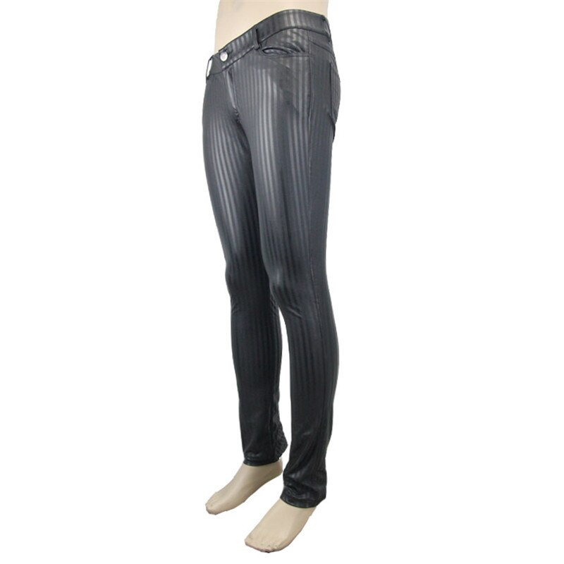 Steampunk Men Casual Leather Pants Mid Waist Black Striped Trousers Retro Casual Slim Fit Pants