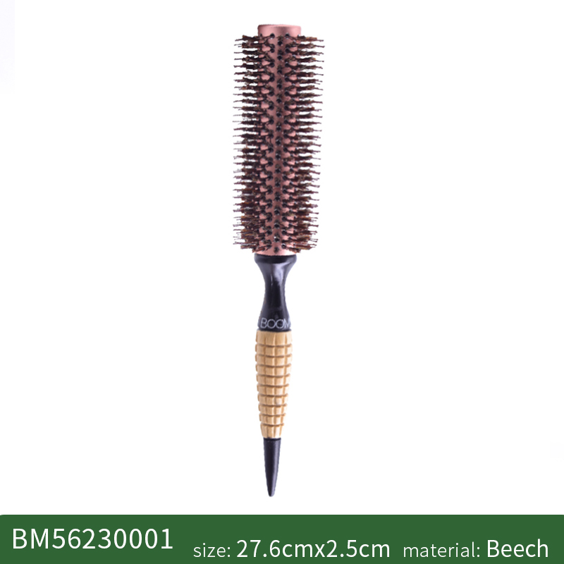 Cepillo de pelo con cerdas de jabalí de barril redondo para mujer, peine para el pelo con rizador, cepillo para el pelo en rollo antiestático, peines profesionales de madera: Marrón oscuro