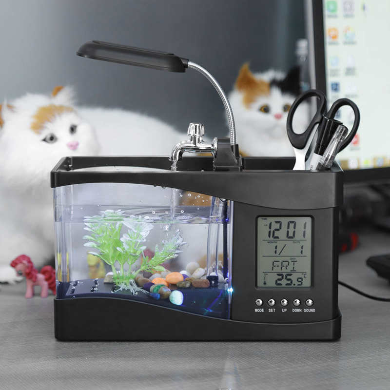 1USB Desktop Mini Aquarium Fish Tank Beta Aquarium with LED Light LCD Display Screen and Clock Fish Tank Decoration with Pebbles