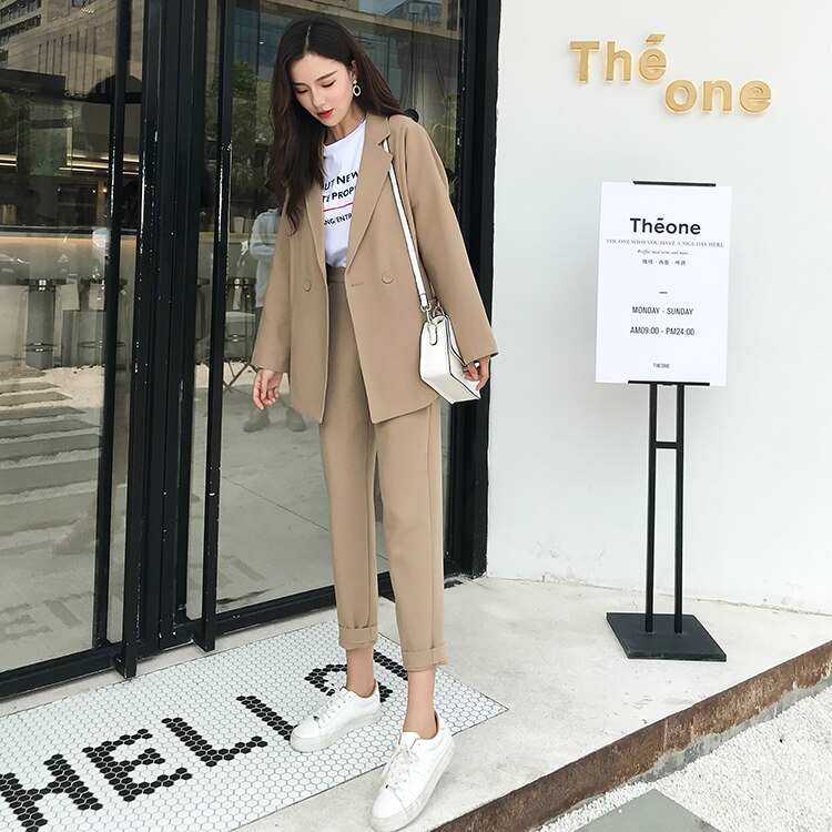 Comelsexy Autumn Winter Khaki Women Pant Suits Double Breasted Pocket Notched Blazer & Pant Office Wear Suit Female Set