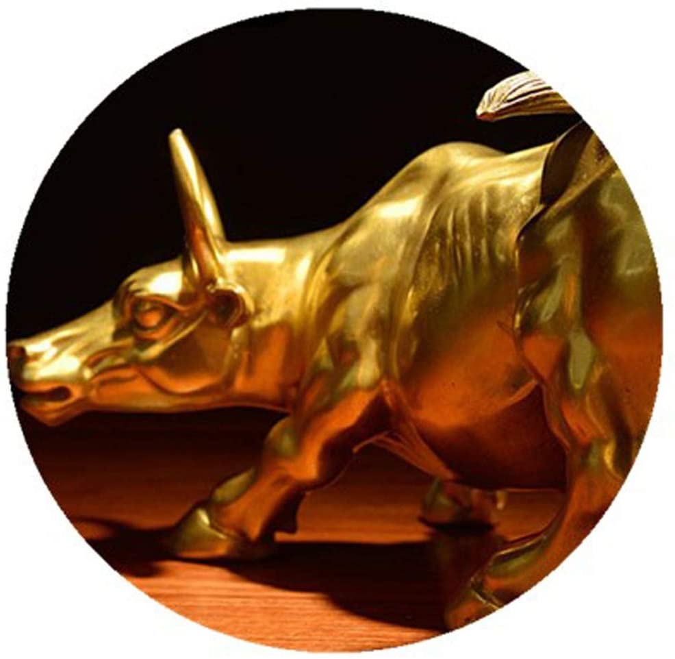 Feng Shui Fortune Brass Wall Street Bull Statue, Sculpture Home Decoration Golden Copper Bull Represents Good Luck of Career and