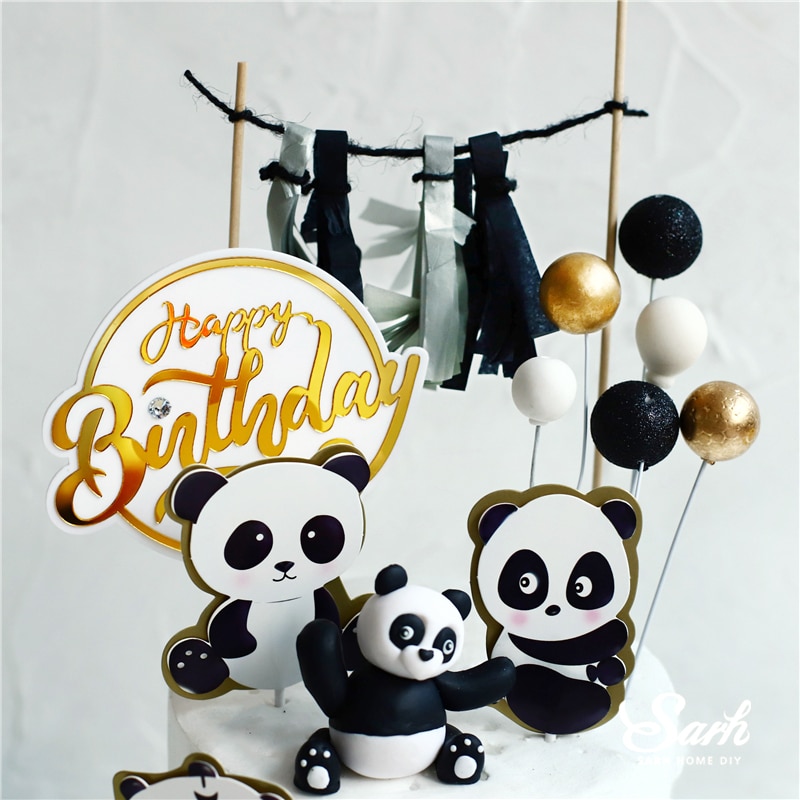 Panda bamboo Cake Topper Happy Birthday Turtle leaf Clay Decoration for Children's Boy Girl Party Supplies Baking Lovely