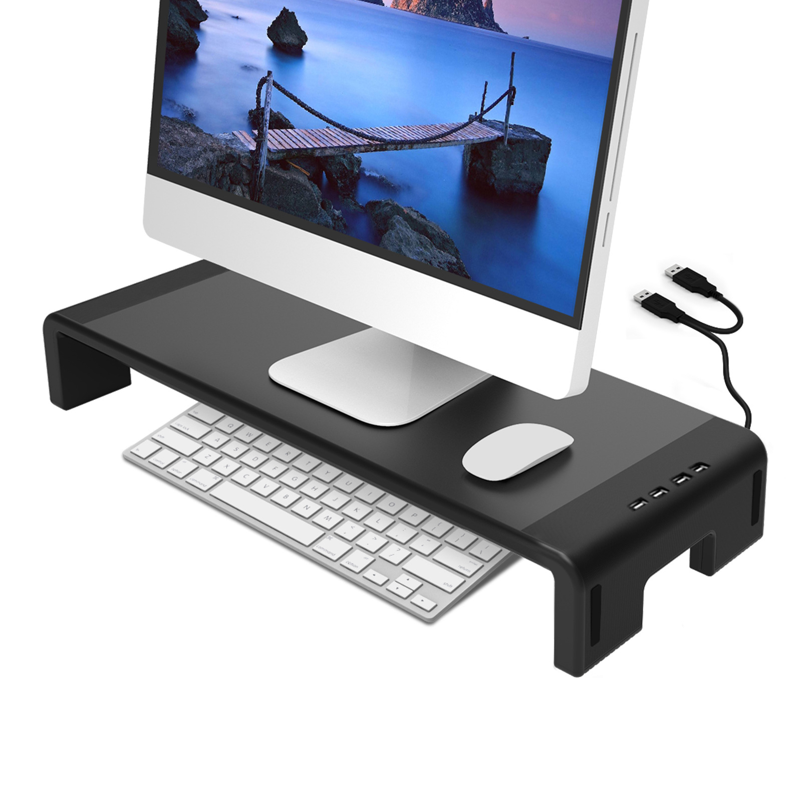 Soporte elevado para Monitor, caja de almacenamiento plegable con cajón para auriculares, carga USB: KM03