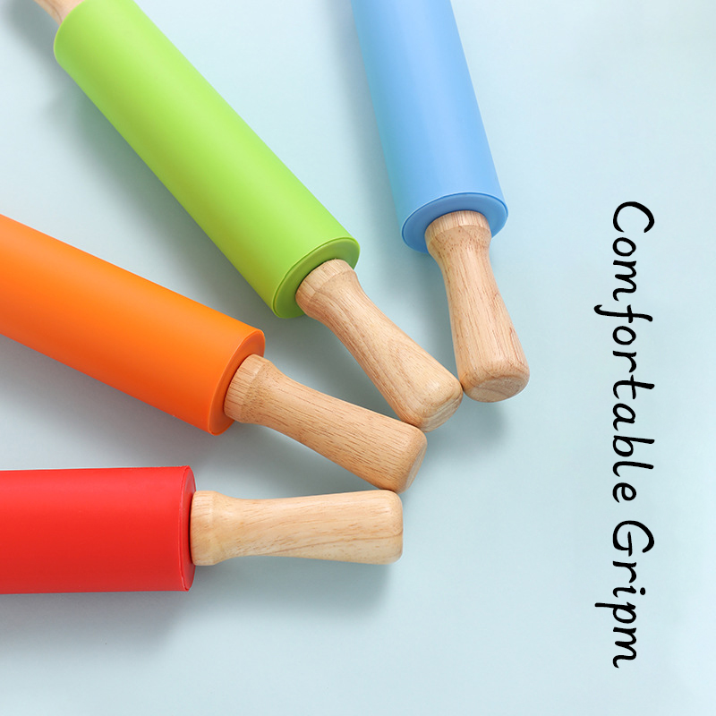 Rolo de silicone antiaderente, cabo de madeira, massa de pastelaria, rolo de farinha, cozinha, ferramenta de cozimento para massa de biscoitos