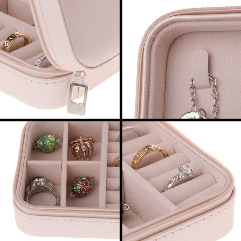 Portable Jewelry Storage Box Zipper Women Earring Ring Necklace Organizer Display Case Travel Accessory