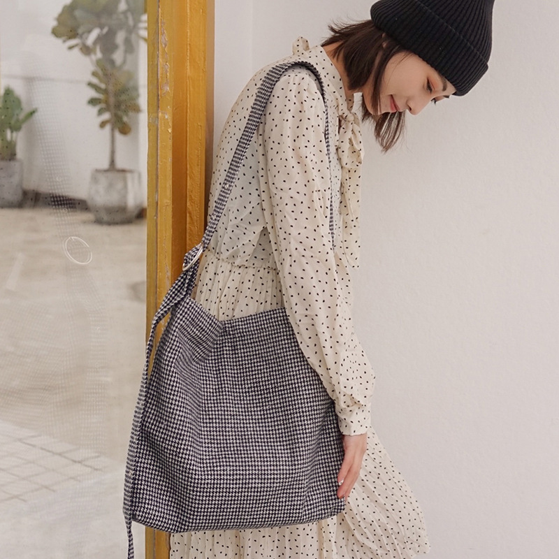 Kvinner tykk ull lerret skulderveske kvinnelig årgang preppy rutete glidelås crossbody vesker jenters butikk kapasitet justerbare vesker