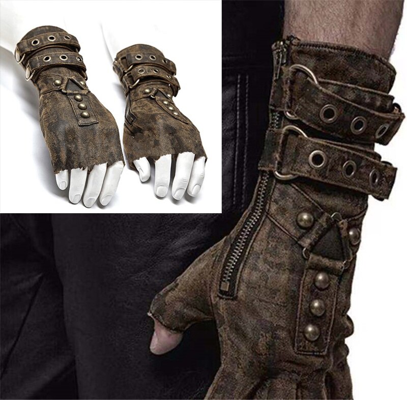 Guantes de cazador Retro para hombres, accesorios de Cosplay Medieval, Steampunk, de cuero Pu, remache renacentista, protector de brazo, hebilla de cinturón