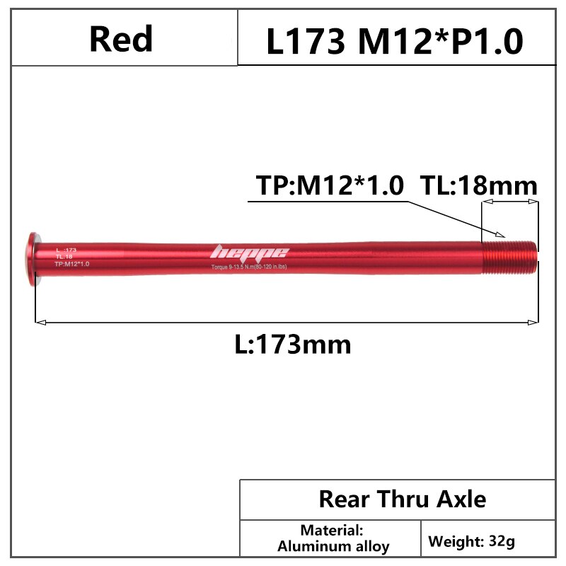HEPPE – axe de moyeu arrière multicolore pour vtt et vélo de route, brochettes 12x142/12x148, 173mm M12xP1.0, dégagement rapide: Red Color