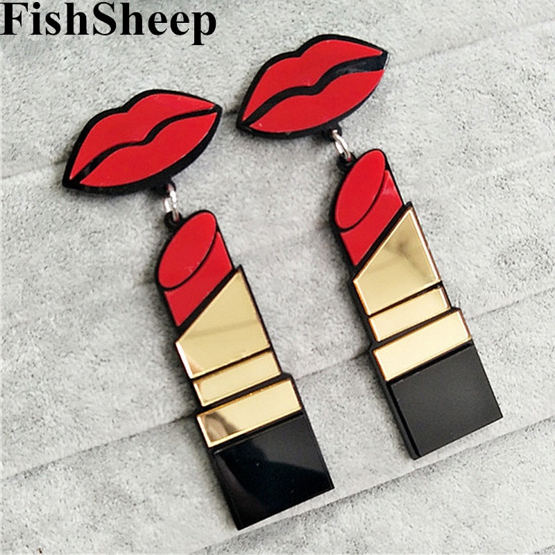 FishSheep Neue Acryl Roten Mund Lippen Lippenstift Ohrringe Für Frauen Hüfte-hüpfen Geometrische Lange Ohrring Nachtclub Schmuck